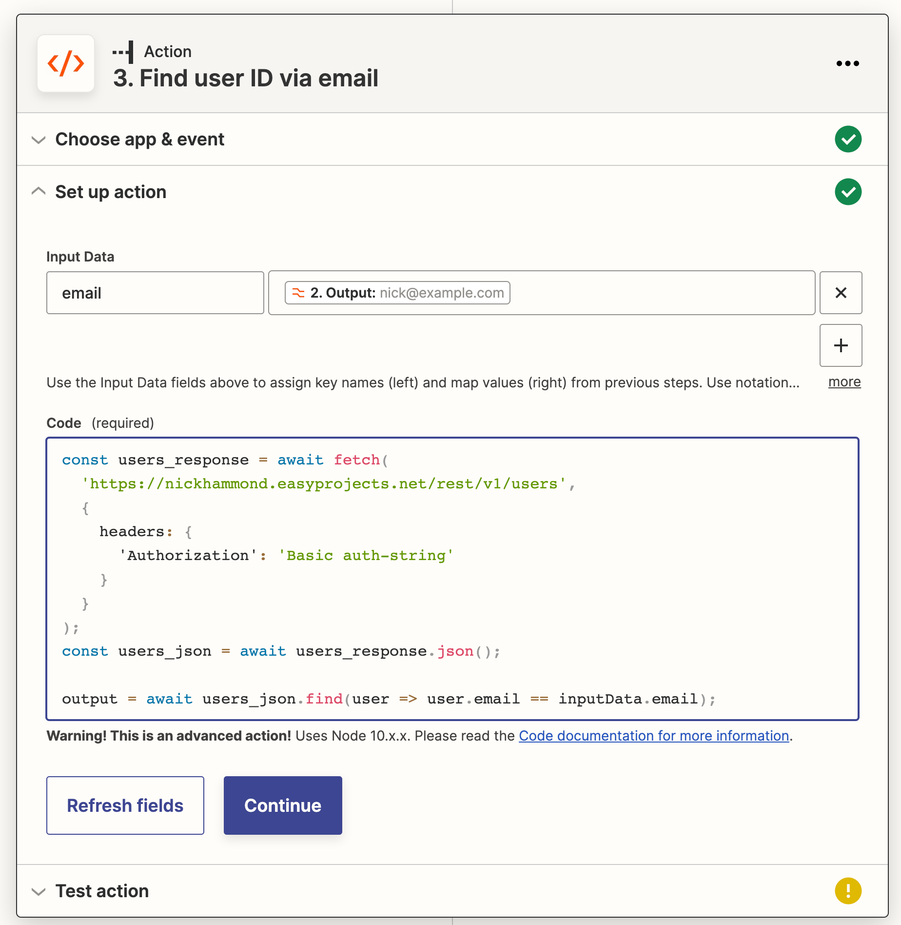 Zapier code step adding the code