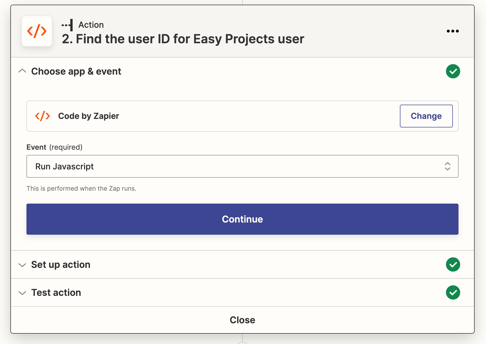 Zapier code selecting the event